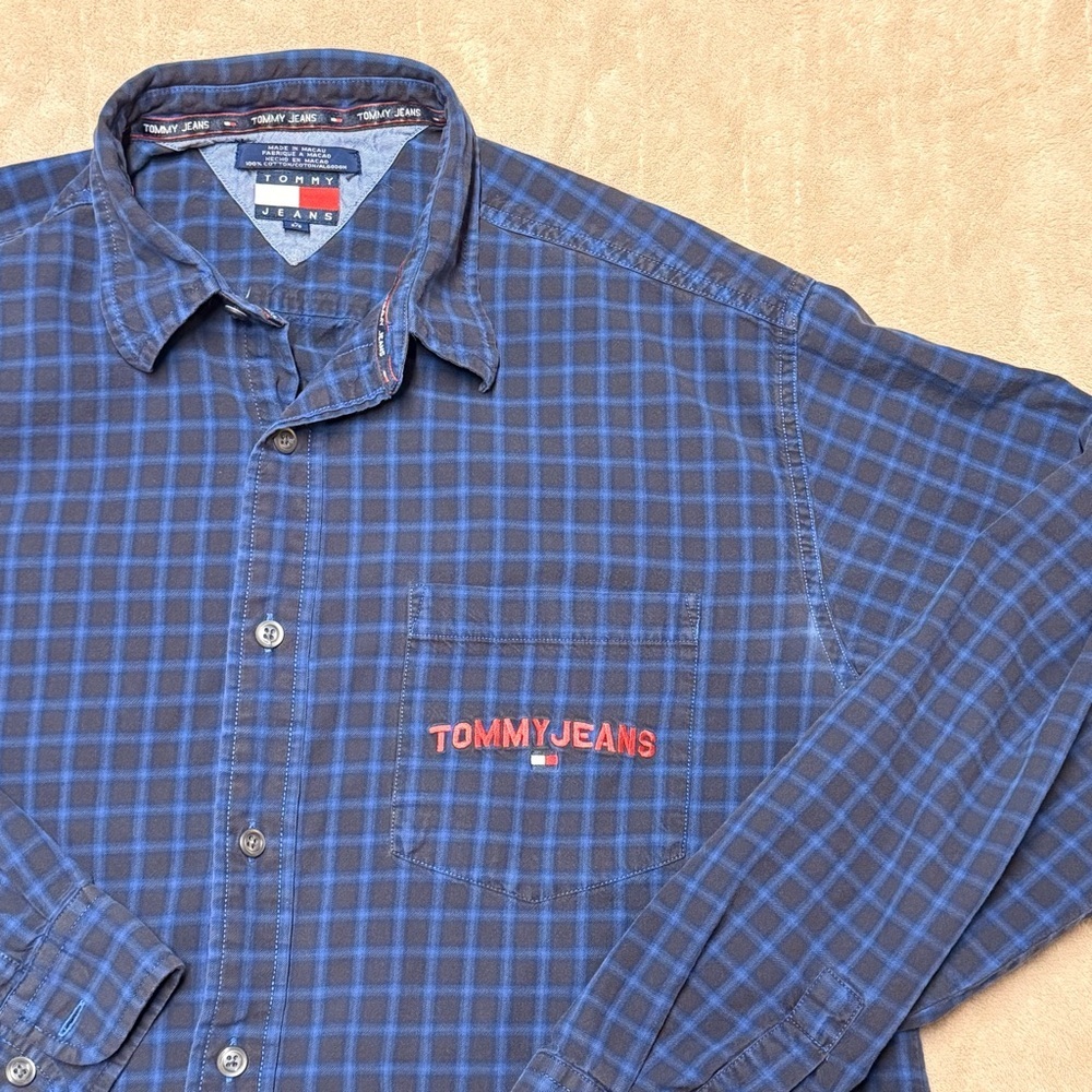 Tommy Hilfiger VTG Plaid Shirt Button Down Men’s Large Blue W/ Logo